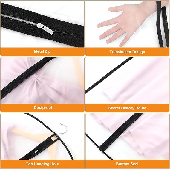 6 Pack Garment Bags, 40in PEVA Suit Bags Clothes Covers, Black Edge | Waterproof Dustproof Protection, Full Zip, Reusable, Translucent Design, For Dresses, Coats, Suits, Home or Travel