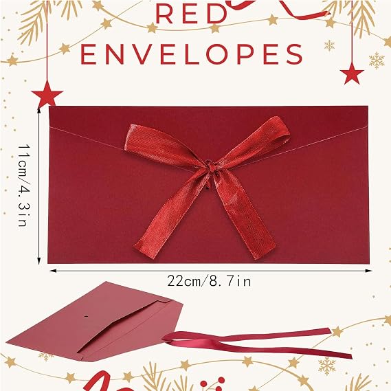 BENIFILE 10 Pack Red Envelopes Money Wallets for Cash Gifts Birthday with Ribbon, Kraft Paper Fancy Card Gift Voucher Envelopes for Presents, 22x10.9CM Invitation for Festival Party Greeting