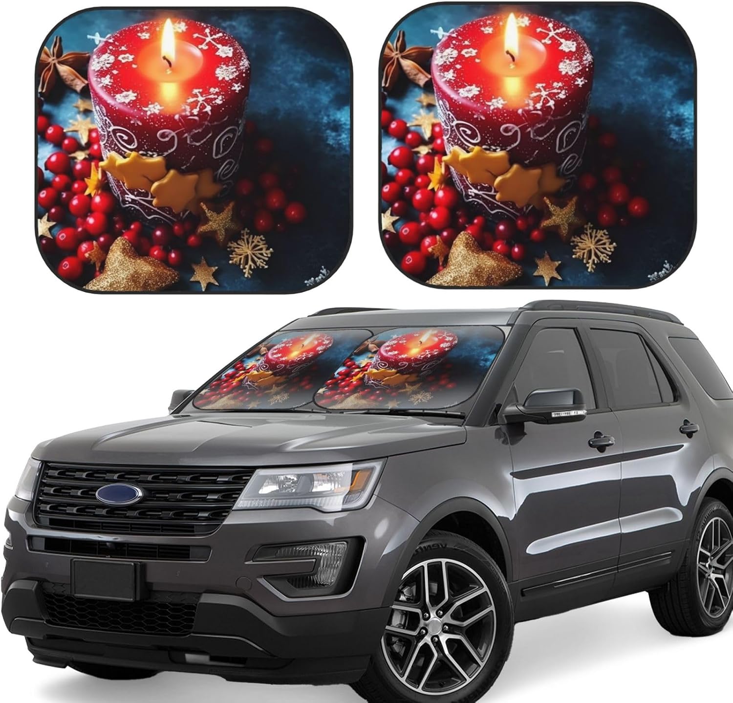 2 Piece Windshield Sun Shade Foldable Car Front Window Sunshade Christmas Candle Automotive Front Windshield Cover Shade Blocks UV Rays Car Interior Accessories for Truck SUV Keeps Cool