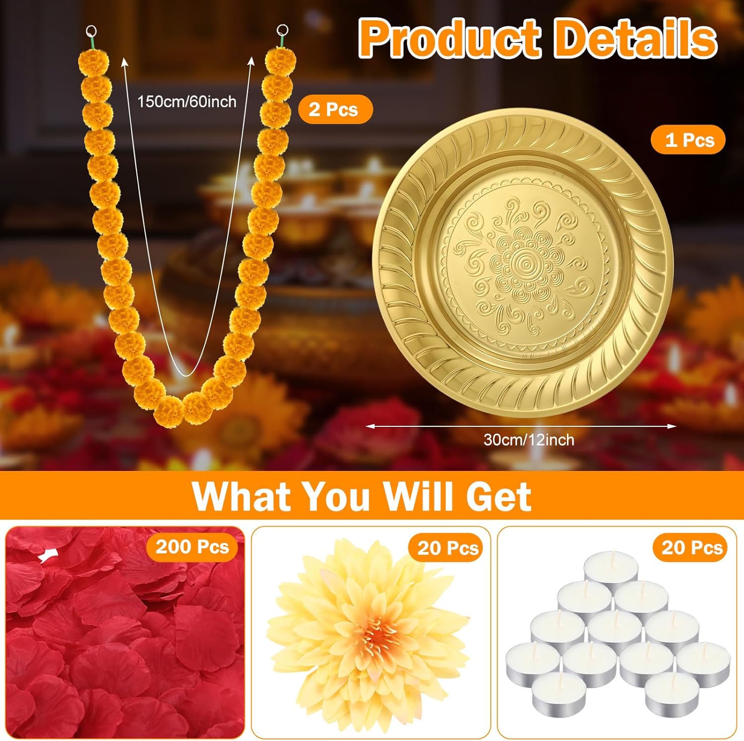 Suncalla 243 Pcs Diwali Urli Bowl Marigold Garland Set for Decoration with Flowers and Candle Artificial Flowers Decor for Indian Wedding, Pooja, Diwali Home Decor Party Decoration DIY Wreath Garland