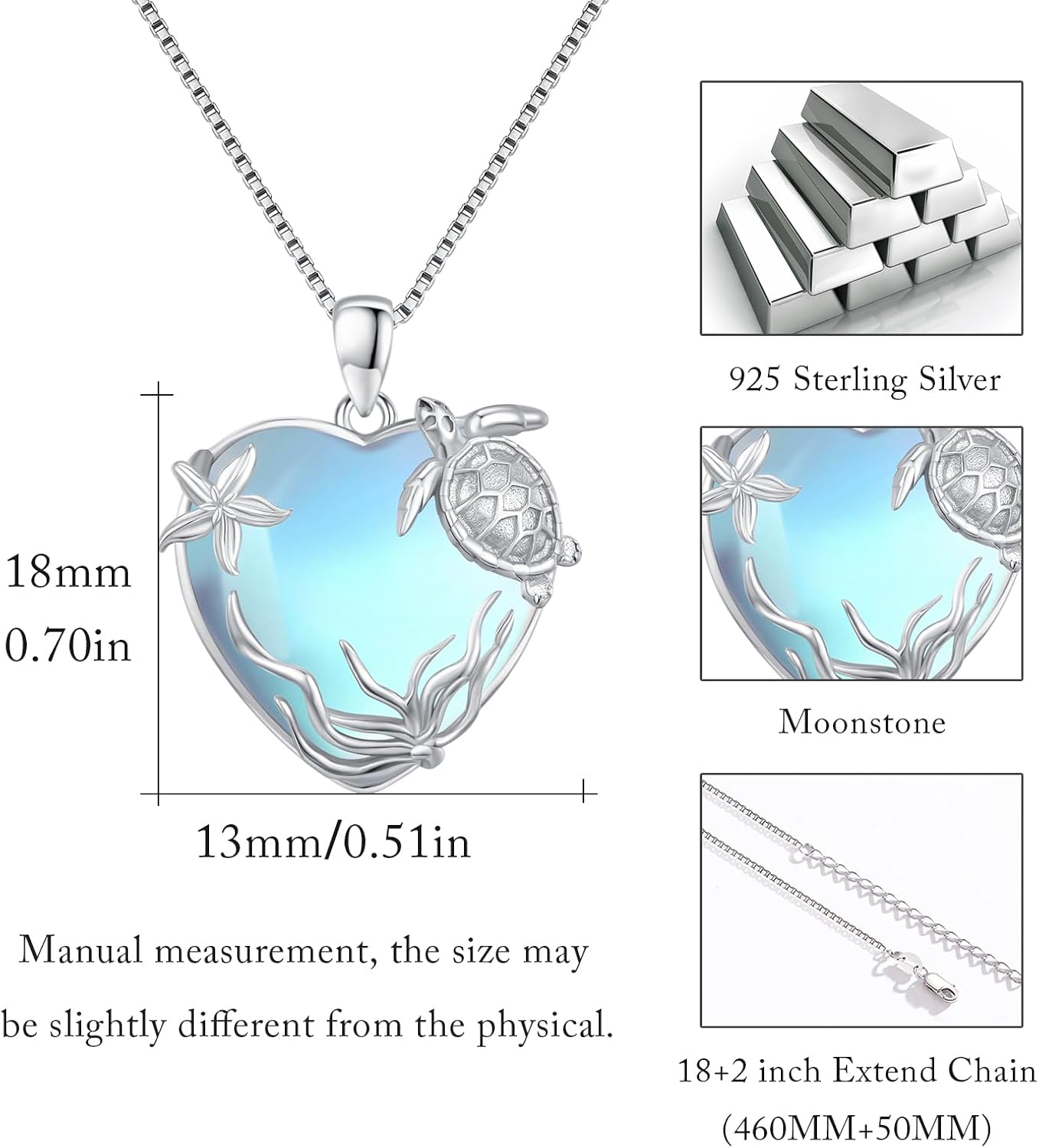 Sea Turtle Necklace for Women 925 Sterling Silver Heart of the Ocean Moonstone Pendant Necklace Turtle Moonstone Jewelry Gift for Wife Mom - Image 5