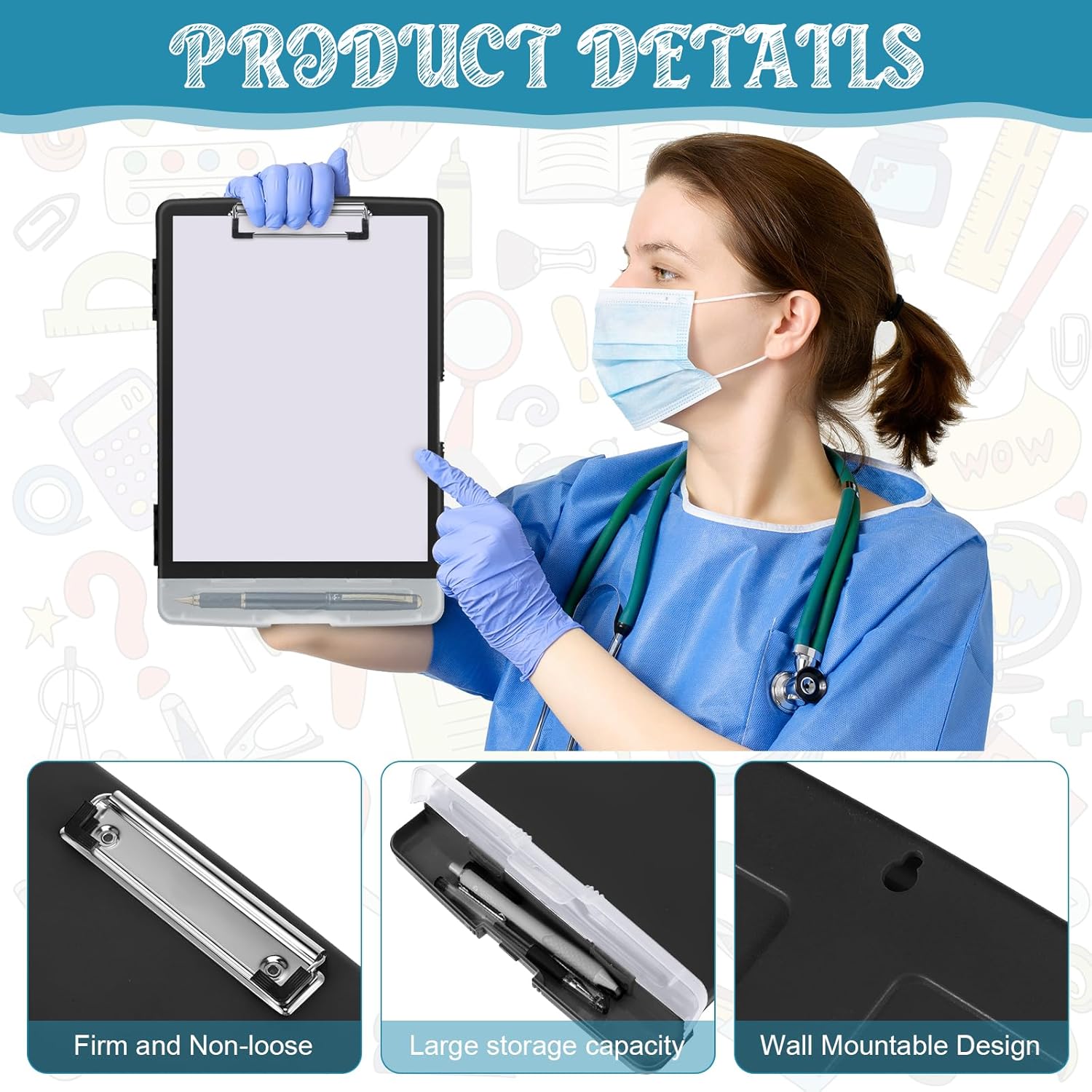 Crtiin 6 Pcs Colored Clipboard with Storage, Heavy Duty Plastic Nursing Clipboard Folder Waterproof A4 Medical Holder for Nurse Doctor Teacher Office, Organization Essentials (Black Color)