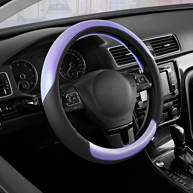 Capa para volante Road Comforts em couro PVC, tecido de estampa leopardo, aderência antiderrapante, encaixe de 36,8 a 38,1 cm, Black&Purple