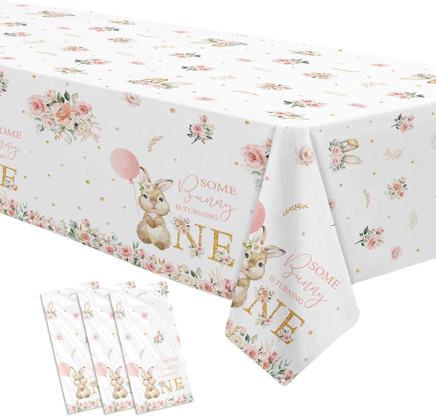 Srua Don Some Bunny is One Decorations Tablecloth, 3 Pcs Disposable Easter Rabbit Bunny 1st Birthday Table Cover Party Supplies for Girl's Floral Spring Rabbit Theme Party, 86in x 55in