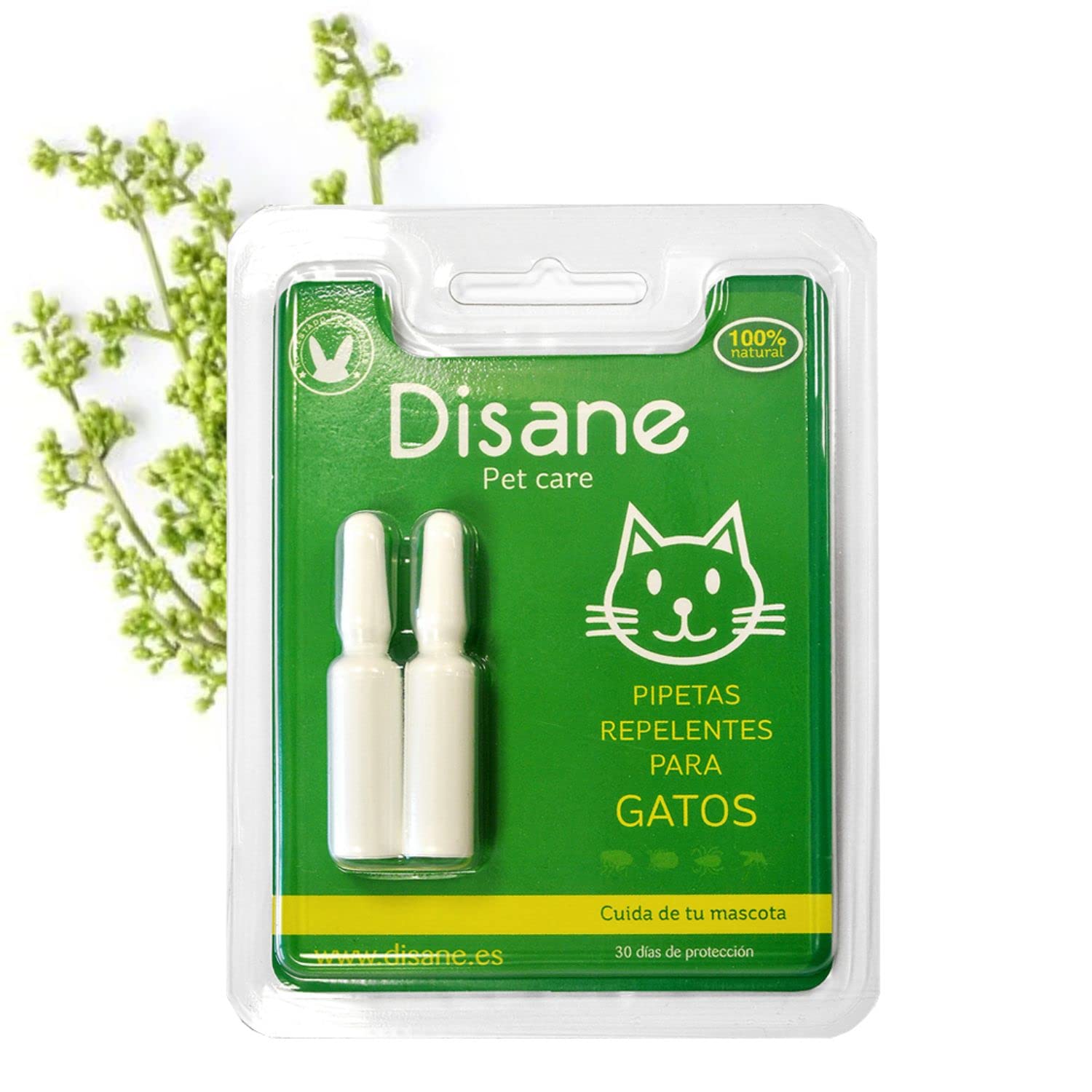 DISANE Pipetas Antiparasitarias para Gatos 100% Naturales | 2 Uds | 2 Meses de Protección contra Insectos y Parásitos: Pulgas, Garrapatas y Mosquitos | Antipulgas Sin Toxicidad para el Gato