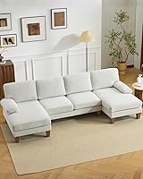 Karlhome 111" U-Shaped Sectional Sofa Chenille Upholstery 4-Seat Couch Double Chaises Modern White Living Room Apartment