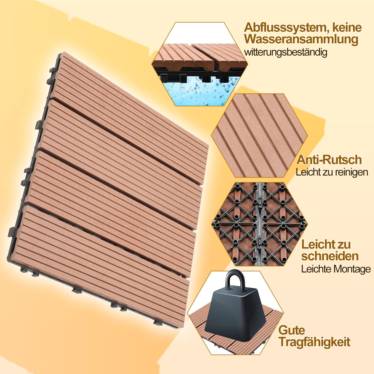 WPC Fliesen, 30x30cm 44er für 4m² WPC Terrassenfliesen Balkon Bodenfliese mit Klick-System, Terrassendielen Wetterfest mit Drainage, Braun