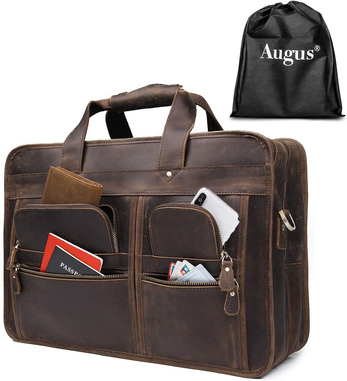 Augus 17 inch Full Grain Leather Laptop Briefcases for Men Business Travel Messenger Bag with YKK Metal Zipper Brown