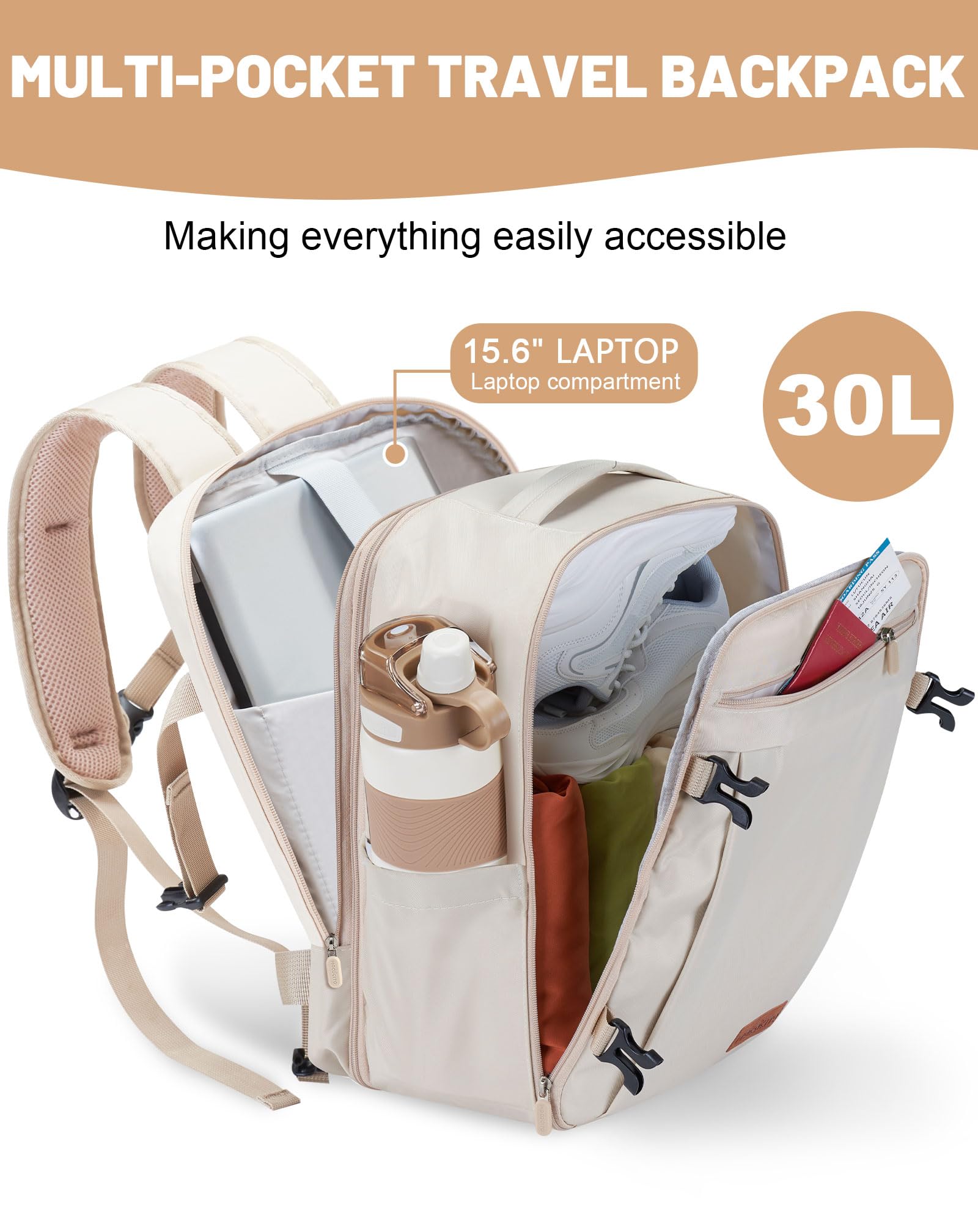 Bagage Cabine 40x30x20cm Extensible, Sac à Dos de Voyage, Sac Cabine Avion 24L-30L pour Vueling/Transavia, avec Compartiment PC 15.6" - Beige Crème