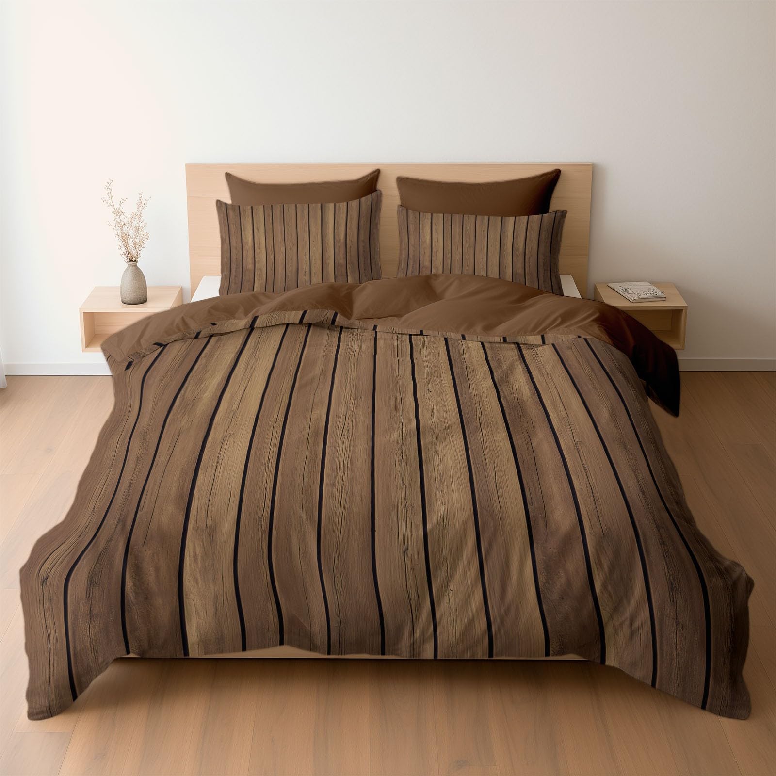 Parure de lit rustique effet grain de bois marron pour chambre chaleureuse