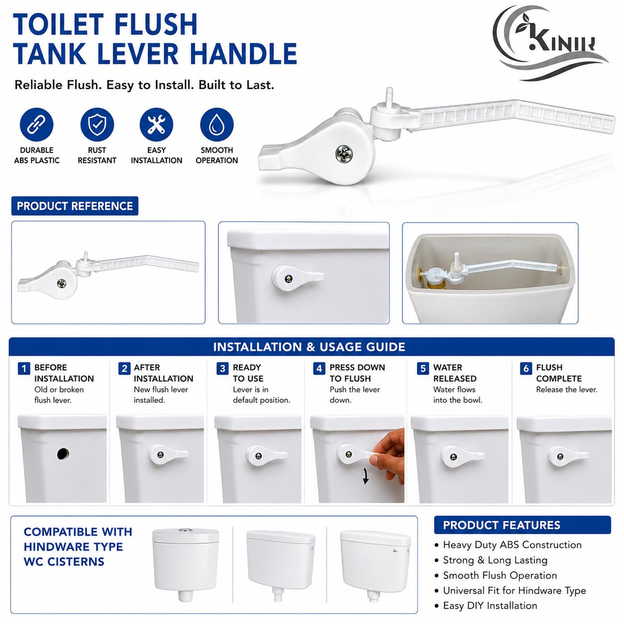 KINIK Plastic Toilet Flush Tank Lever Handle for Hindware Type WC Cistern, Heavy Duty ABS Flush Lever Handle with Arm, Bathroom Toilet Flush Tank Accessories, White, Easy Installation, Pack of 1 3