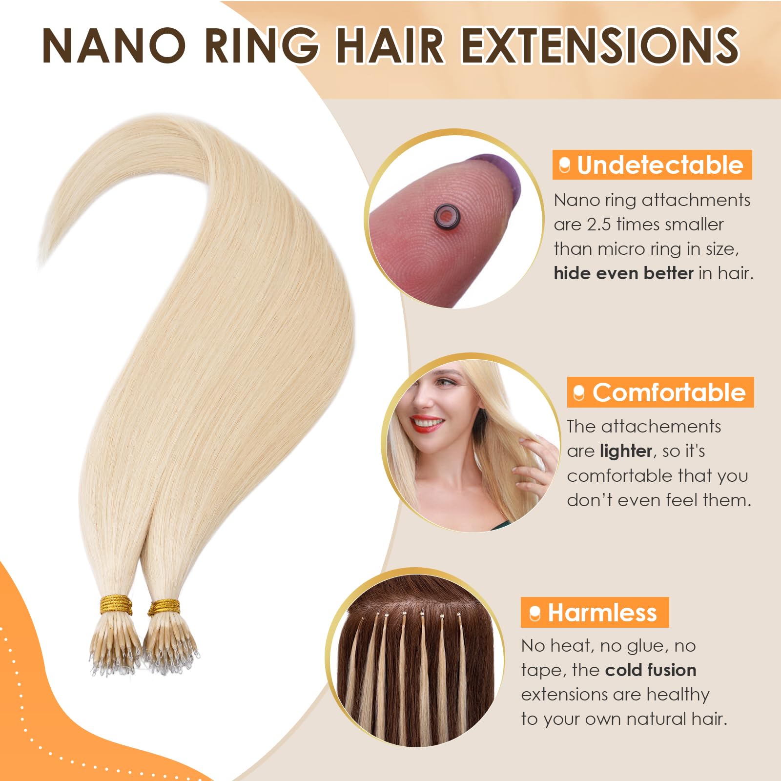 Elailite Nano Beads Hair Extension Real Human Hair With Nano Ring 50 Strands Cold Fusion Straight (#70 Bleach White, 20 Inch) - Image 2