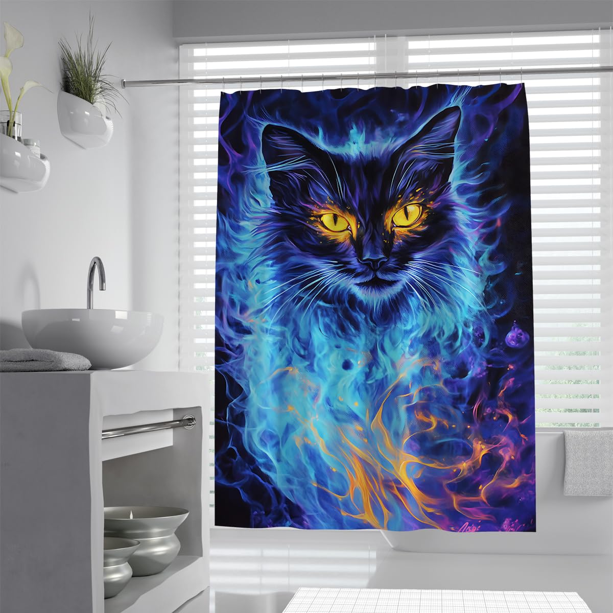 UIRINGART Fiery Black Cat Shower Curtain W90xL180cm Mystical Glowing Style Kitten Art Print Polyester Anti-mould Lightweight Machine Washable Hotel Bath Curtain with Hooks
