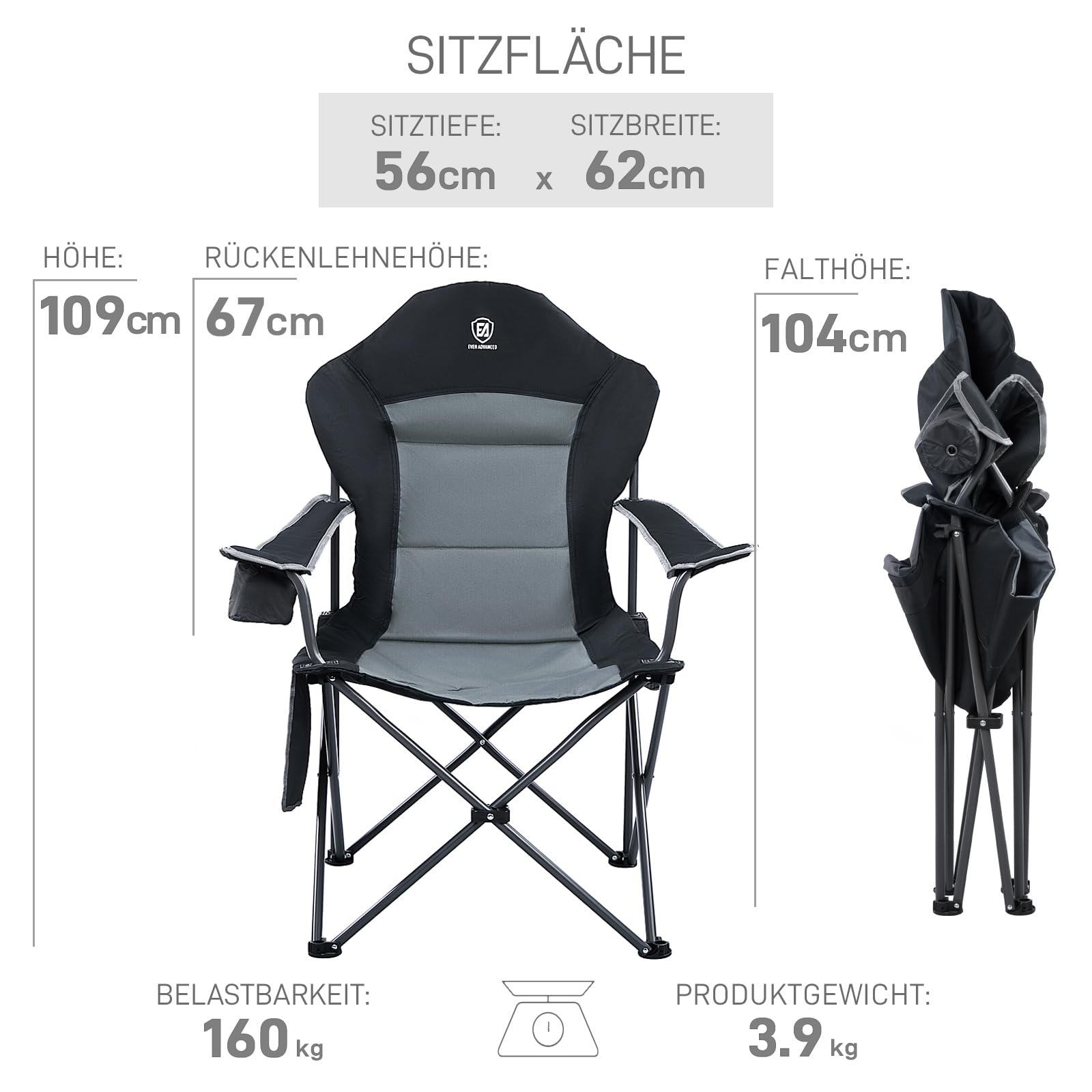 EVER ADVANCED Luxus Campingstuhl Faltbar 160 KG Belastbar Ultragroß mit Hochlehner Bequem Gepolster Klappstuhl Camping Garten Balkon Strand, Camping Stuhl Sessel Gartenstuhl Anglerstuhl
