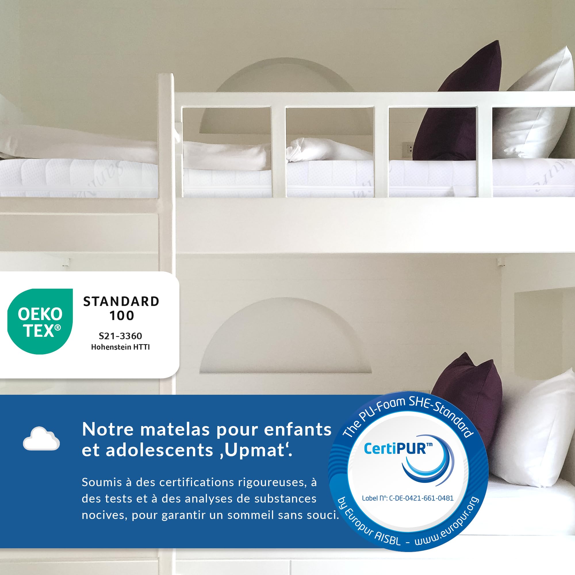 BMM Matelas pour Enfant UpMat 90 x 200cm H2 pour Lits superposés/Matelas en Mousse Froide certifié Öko-Tex/Adapté à Tous Les Lits superposés Courants/Matelas de Conception Allemande