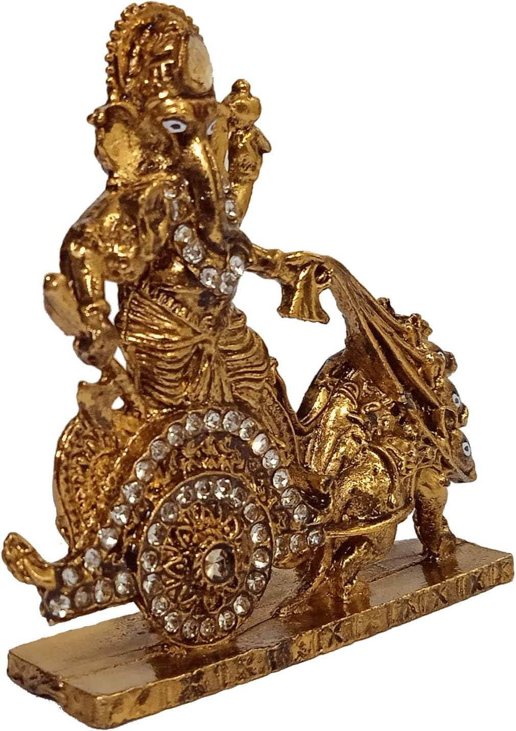 Purpledip Metal Idol Ganesha On Mooshak Rath: Glittering Stones Statue Ganapathis On Mouse Chariot (12536)