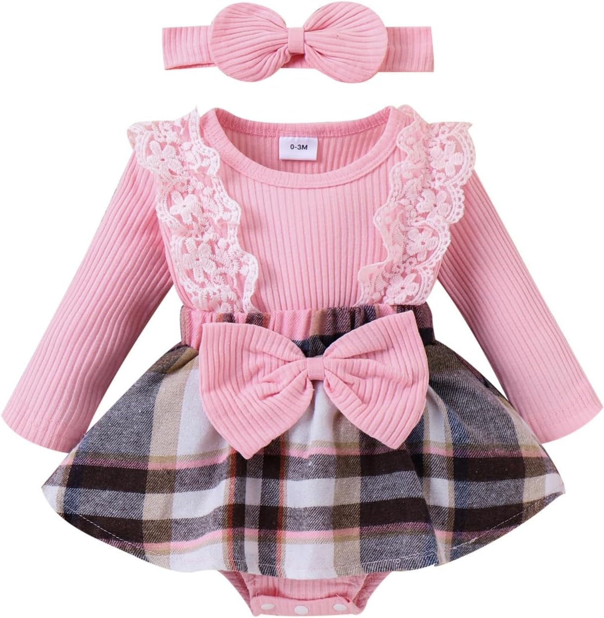 KAFIREN Baby Girl Clothes Fall Winter Outfit Plaid Romper Long Sleeve Dress Lace Ruffles Bodysuit with Bow Headband