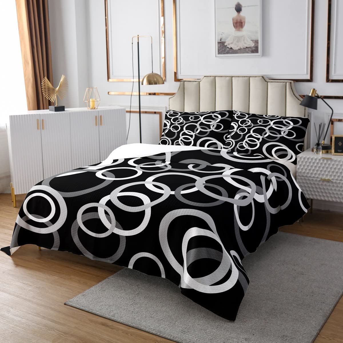 Homemissing Grigio Bianco Nero Cerchio Coverlet Set Circolo Grafico Trapuntato Copriletto per Bambini Ragazzi Ragazze Geometrico Morbido Durevole Trapuntato Copriletto