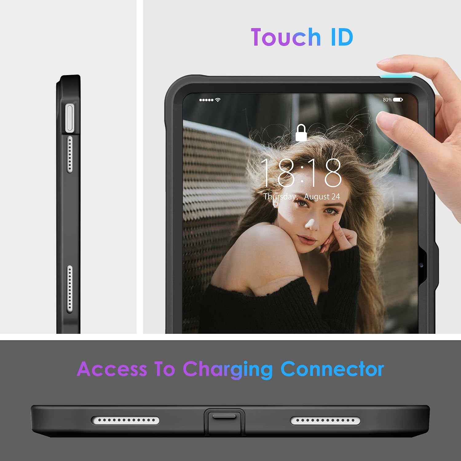 Close-up of the DTTO case showing the Touch ID area and access to the charging connector with a dust plug.