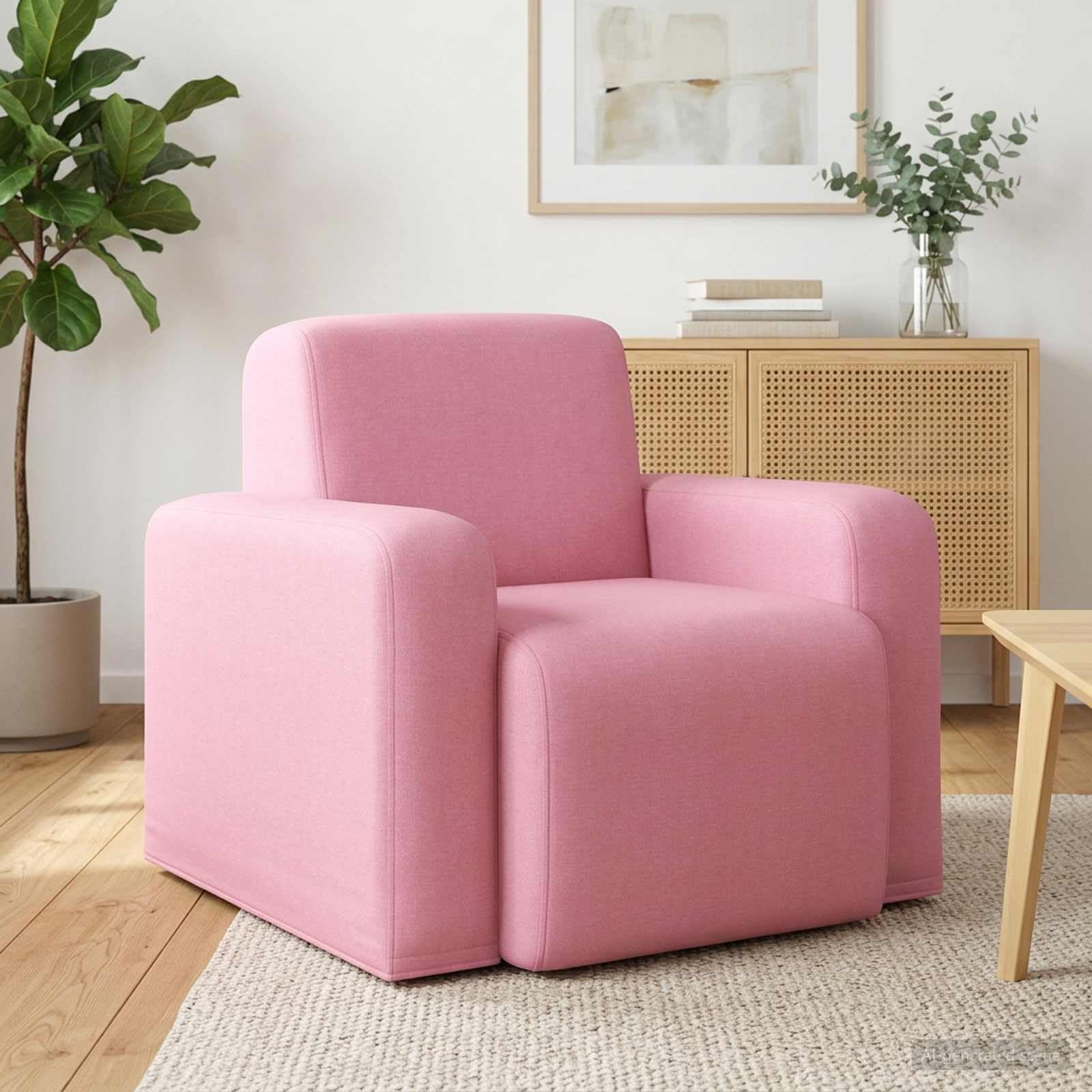 Poltrona moderna in tessuto rosa con schienale regolabile e braccioli per soggiorno, camera da letto o salone, design ergonomico, robusto telaio in legno, girevole e facile da montare