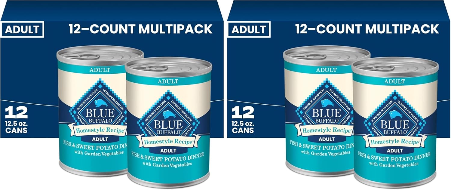 Blue Buffalo Homestyle Recipe Adult Wet Dog Food,Made with Natural Ingredients,Fish & Sweet Potato Dinner with Garden Vegetables,12.5-oz can,(Pack of 24)