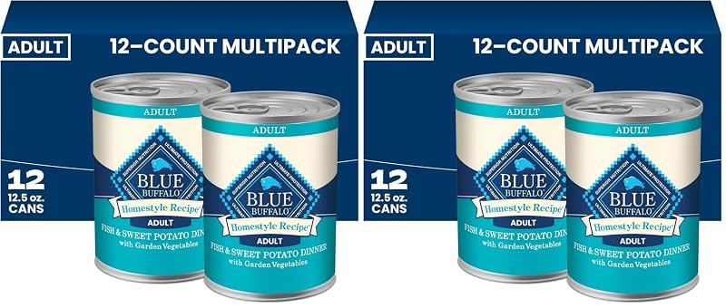 Ração úmida para cães adultos Blue Buffalo Fish & Sweet Potato com vegetais, lata de 350 g, pacote com 24