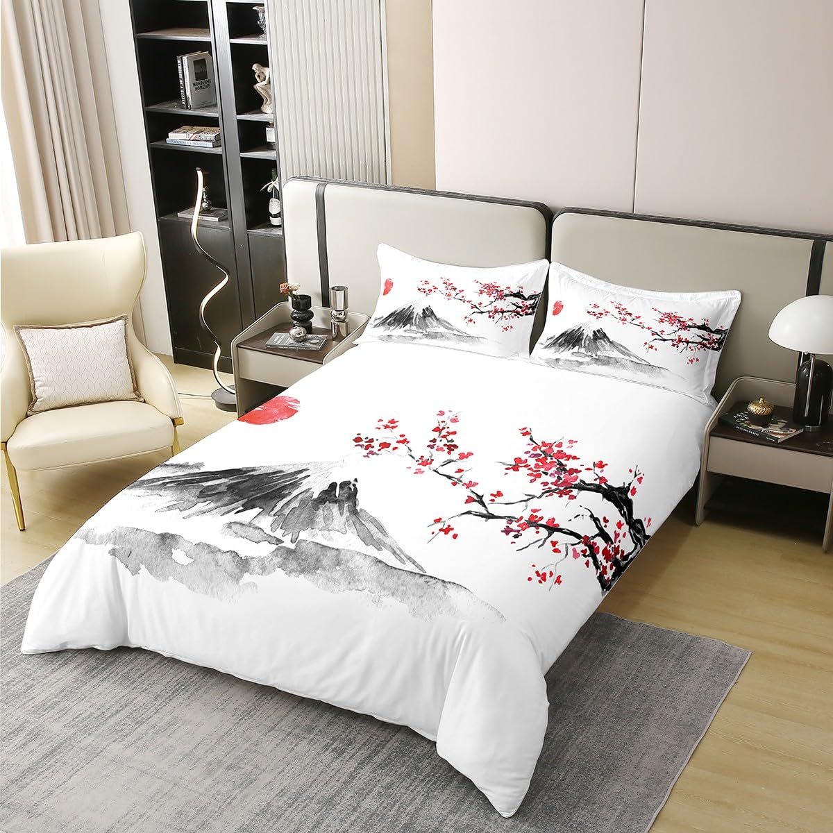 Loussiesd Japanese Style Cotton Duvet Cover Set King Set Exotic Fuji Mountain Printed Bedding Set Girls Women Men Cherry Blossom Comforter Cover Soft Cotton Soft Red Floral Bedspread Cover with Ties - Image 3