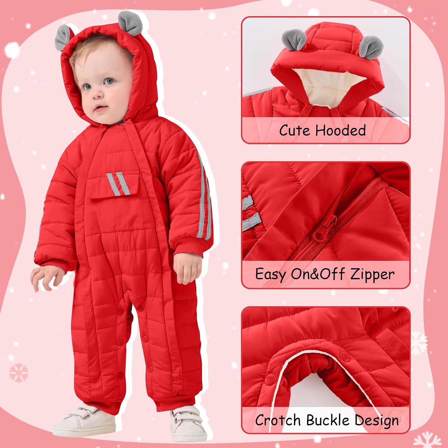 JiAmy Baby Snowsuit Baby Bear Hooded Winter Outfit Double Girl Boy Zipper Winter Clothes Romper