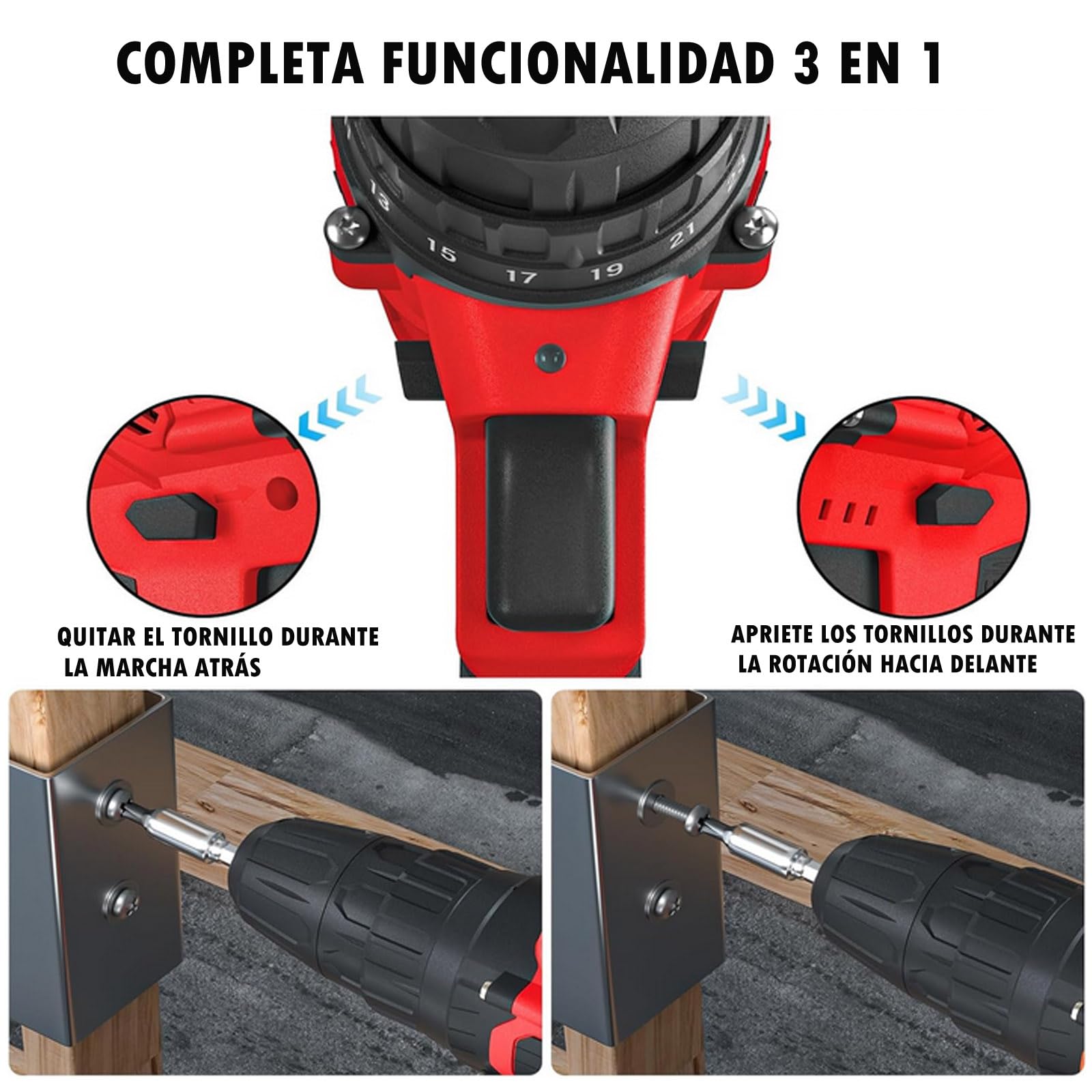 Taladro Atornillador 21V, 45N.m Atornillador Eléctrico, Taladro Combinado Inalámbrico con 25+1 de par de apriete, 2 x 1.5 Ah Batería, 29PCS Accesorios, 2 Velocidades, Luz LED,Cargador Rápido