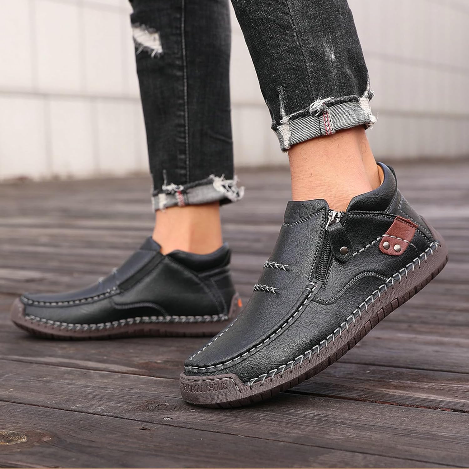 Men's Mid-top Chukka Boots,Fall Winter Fashion Vintage Leather Handmade Non-Slip Side Zip Driving Casual Dress Shoes - Image 3