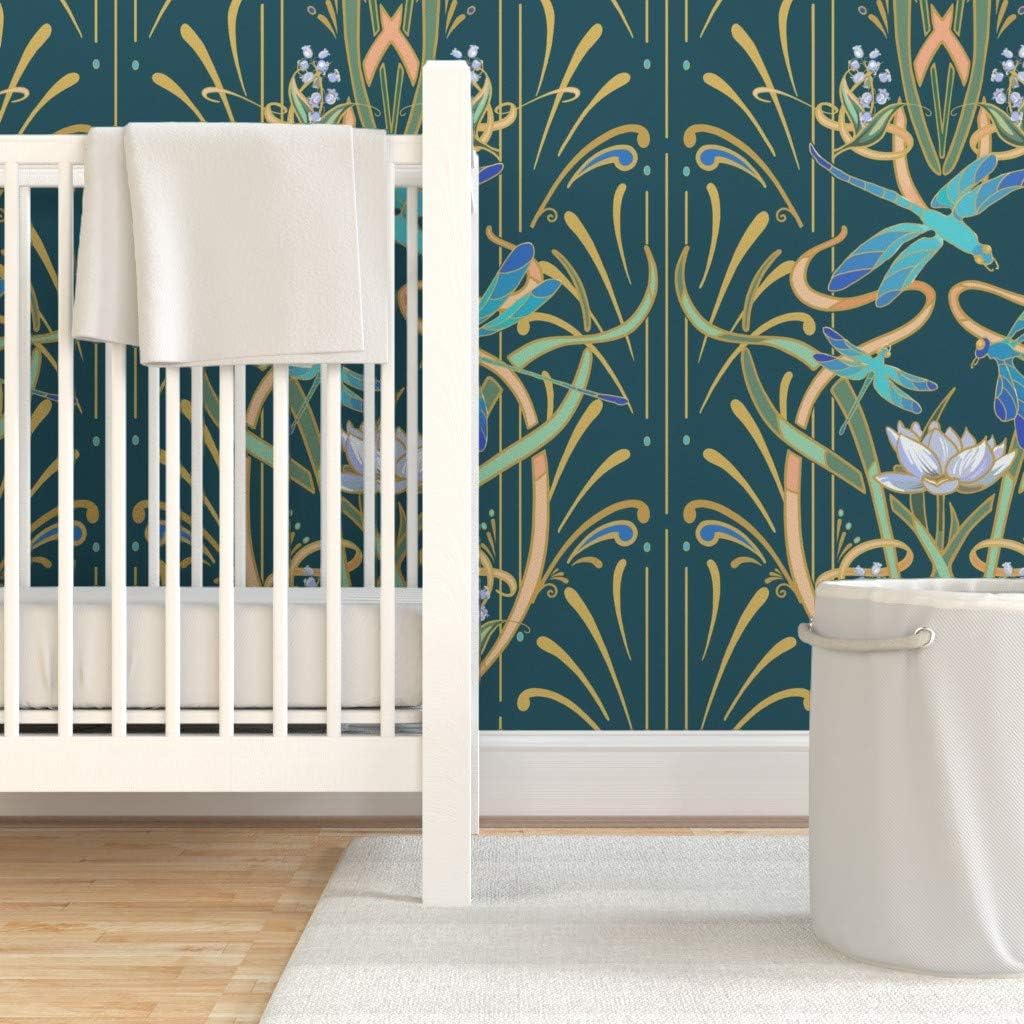 Peel & Stick Wallpaper 3ft x 2ft - Art Nouveau Dragonflies Deep Teal Green Classy Aqua Deco Contemporary Dragonfly Custom Removable Wallpaper by Spoonflower