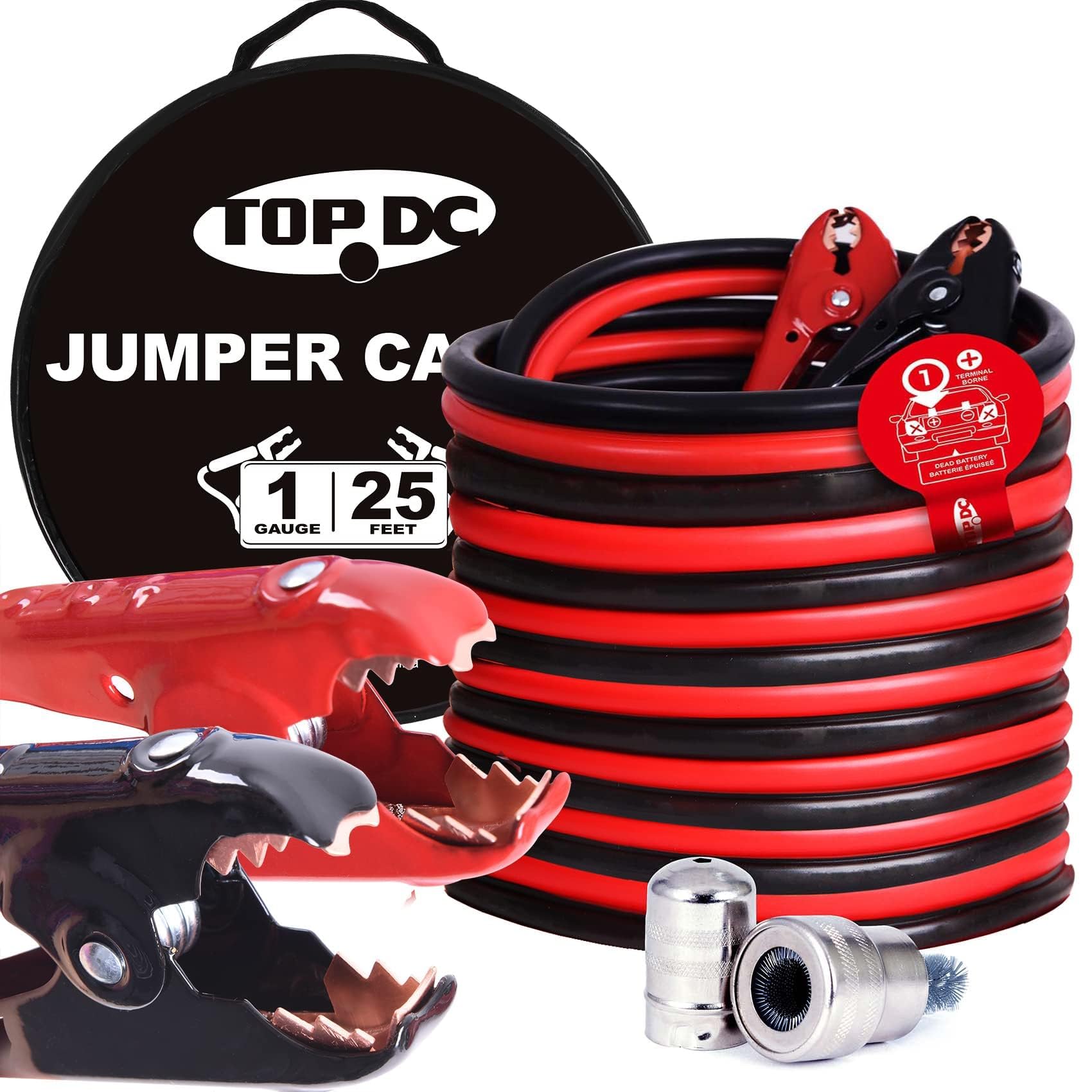 TOPDC 1 Gauge 25 Feet Jumper Cables for Car, SUV and Trucks Battery, Heavy Duty Automotive Booster Cables for Jump Starting Dead or Weak Batteries with Carry Bag, (TD-P0125)