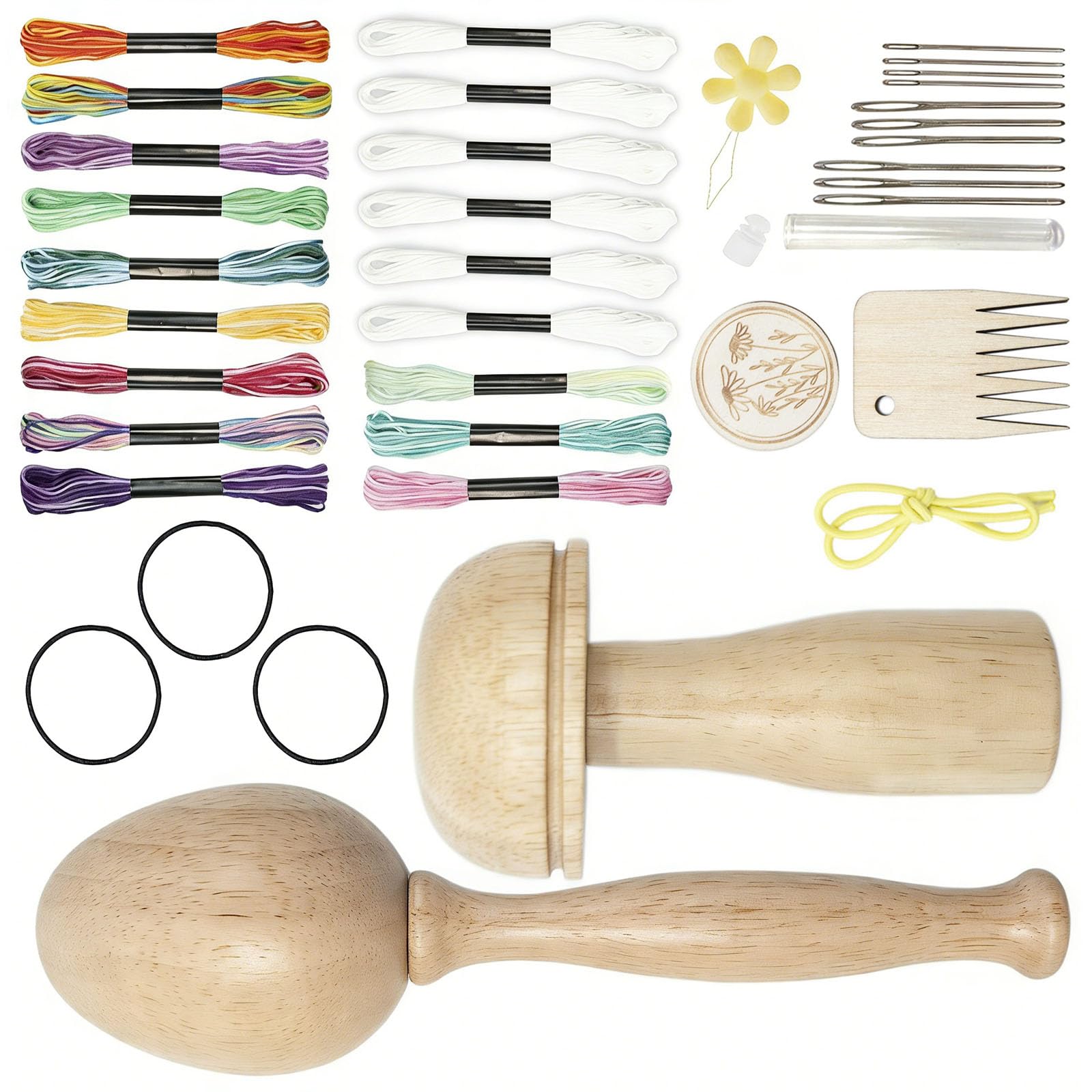 CAZSTYK Wood Darning Mushroom Eggs Shape Wood Mending Tool with Colored Thread and Large Eye Needle for Socks Sweaters Scarves Knitting Comfortable Grip Sewing Fabric Darning Portable