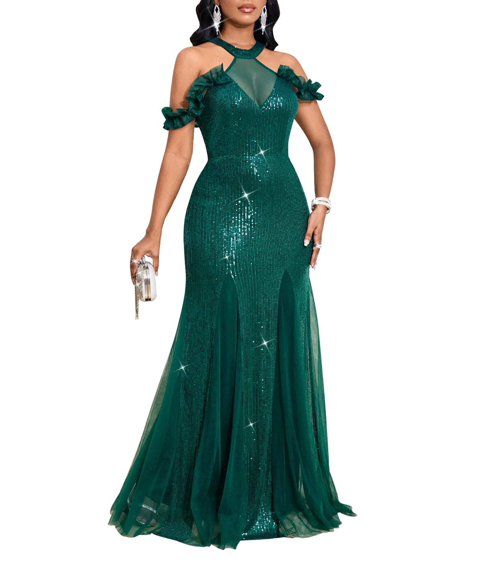 Cololura Women Sequin Halter Mesh Bodycon Formal Maxi Dress Evening Gown