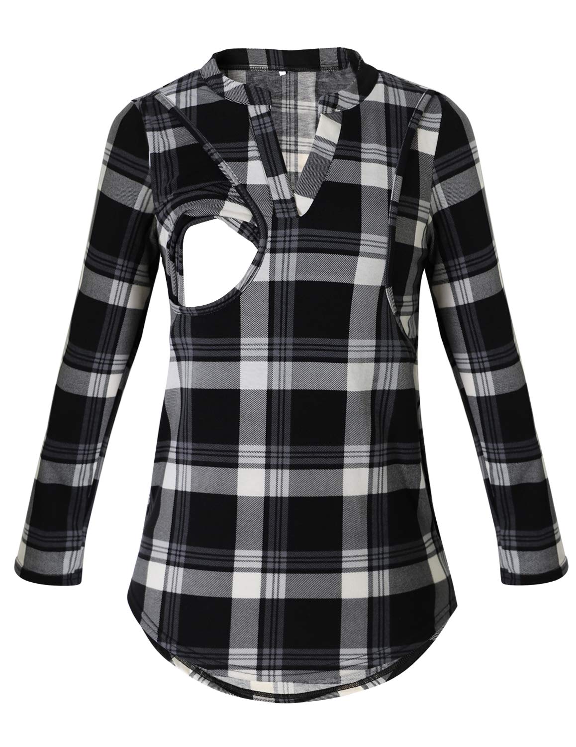 Nursing Tops with Side Pockets Notch Neck Plaid Breastfeeding Blouse Shirt (Black, Large)