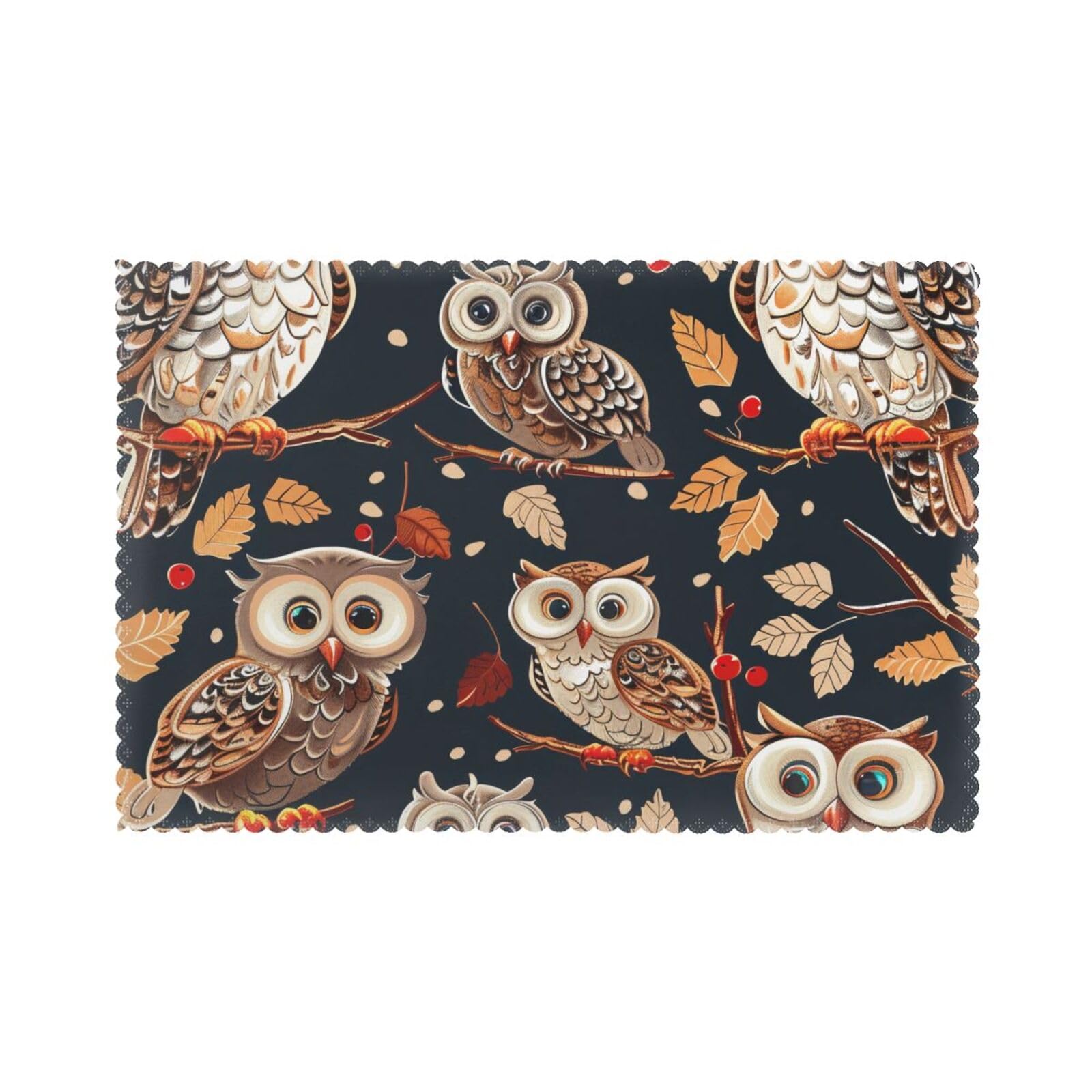 Owls on Tree Branche Printed Placemat Heat Resistant Place Mats Set of 6 PCS Washable Kitchen Table Mats, 12x18 Inch