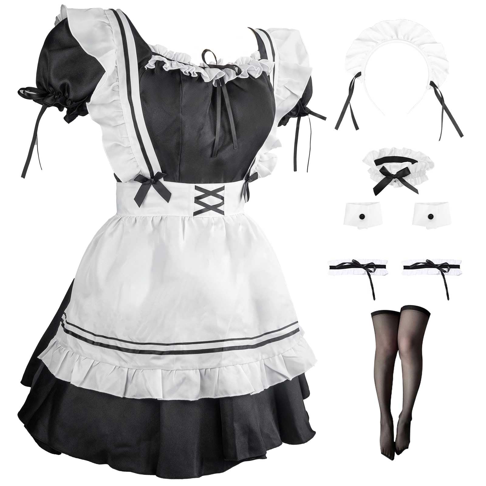 Zyimsva Maid Dress Halloween Costume Women's Anime Cosplay Maid Costume Outfit Set with Stockings (L)