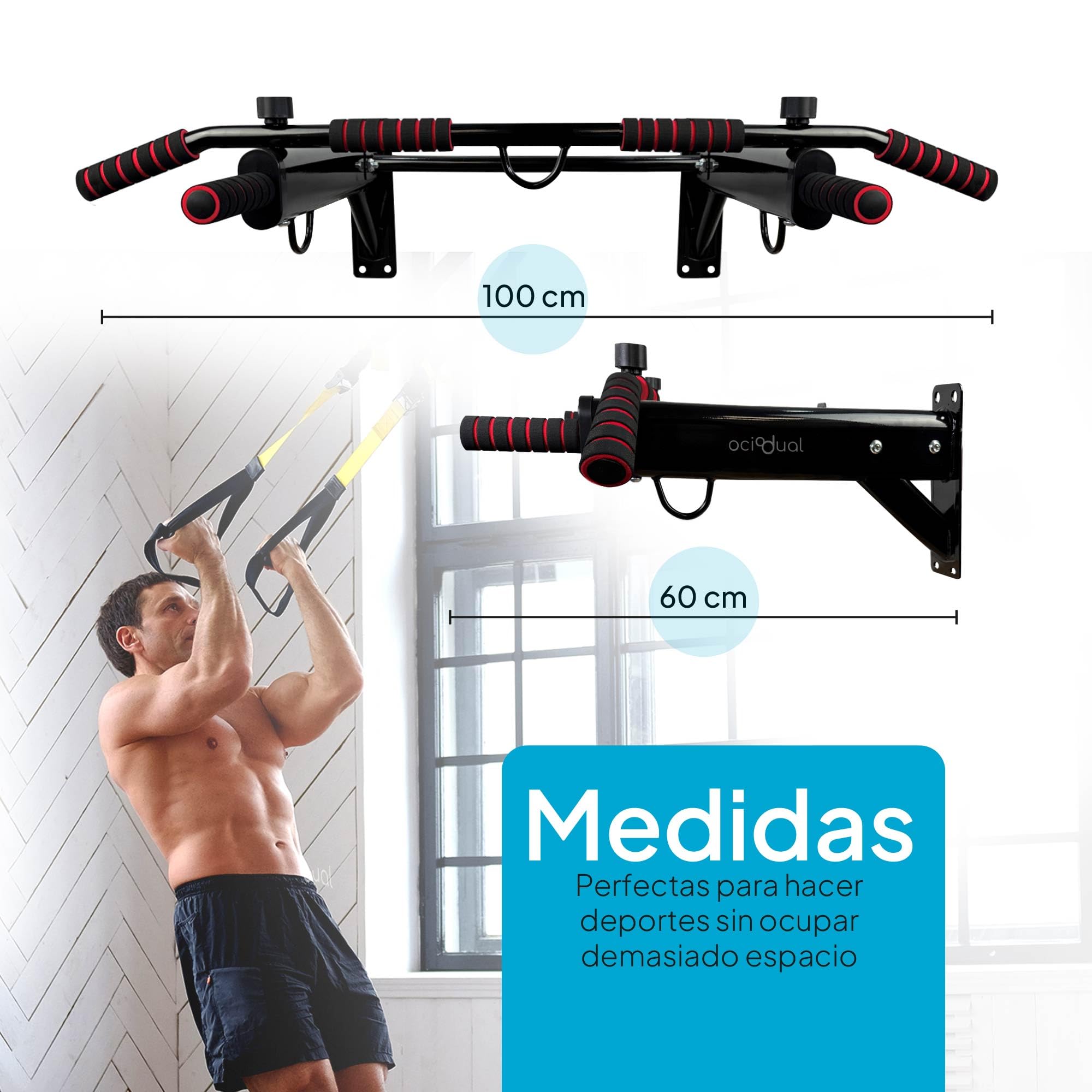 OcioDual Barra Dominadas Pared Profesional, Multifunción Todo en 1, Dominadas en Casa, Ejercicios con Anillas, Boxeo, Entrenamiento Suspensión, Calistenia, Gimnasio en Casa, Box Trainning