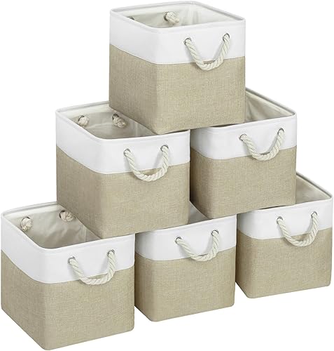 Contenedores grandes de almacenamiento de 11 x 11 pulgadas con asas de algodón para armario, estantes, ropa, juguetes, toallas (blancobeige, paquete