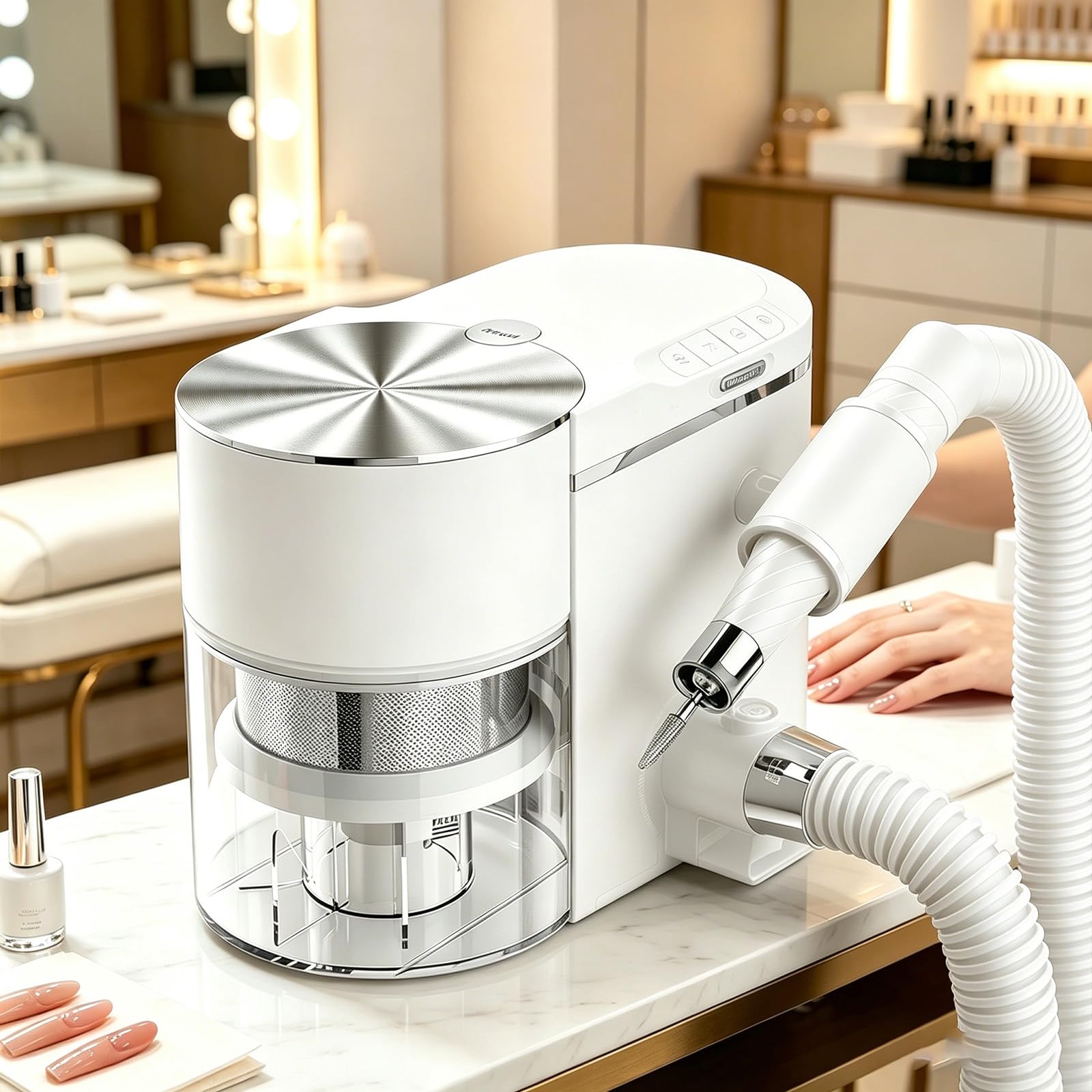 Sunseota Professional Nail Drill and Dust Collector 2-in-1, Electric Nail File Polisher with Vacuum Suction, 30000 RPM Brushless Motor, ≤68dB Ultra Quiet, Extension Hose White