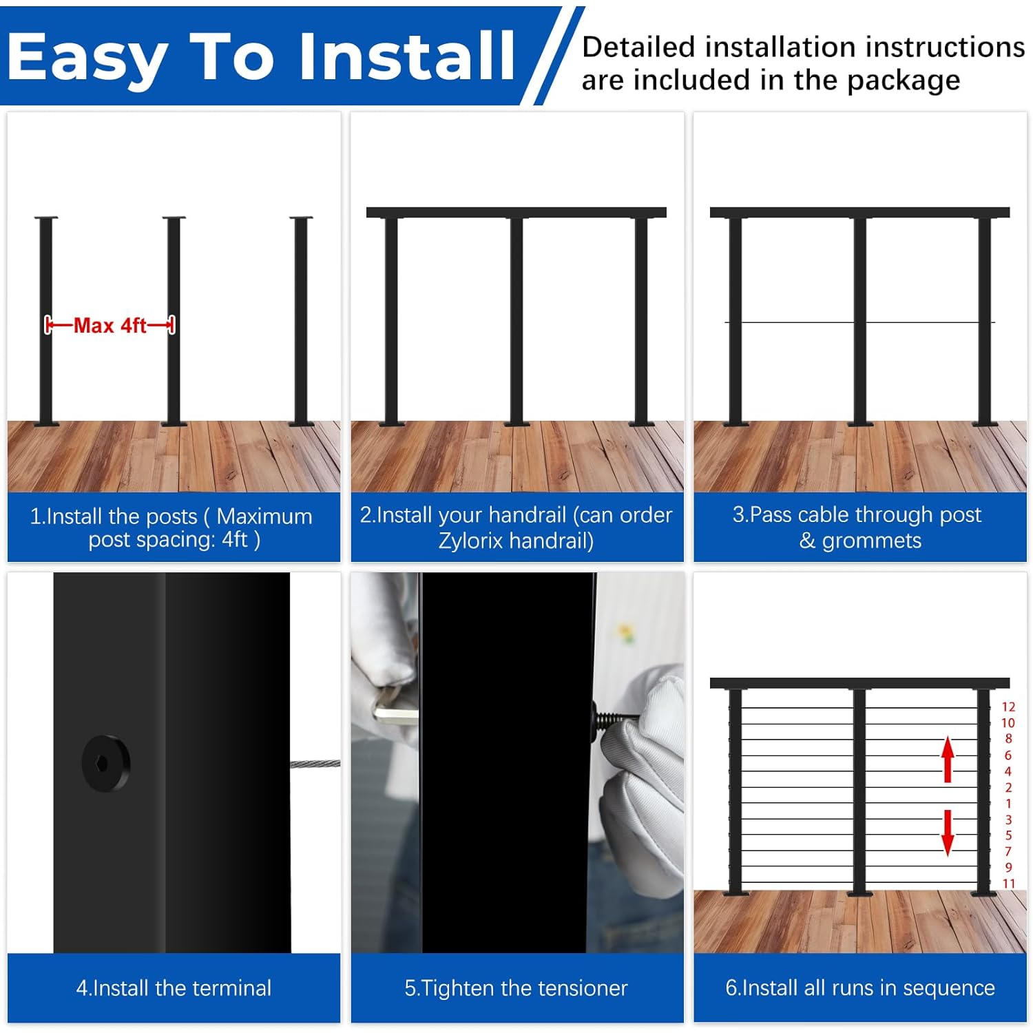 16ft-20ft Modular Cable Railing Post Kit 42" T304 Stainless Steel 5 Level Post Kit, Surface Mount Black Cable Railing System for Decks Length Adjustable Easy DIY, 259ft 1/8" Wire(No Handrail)