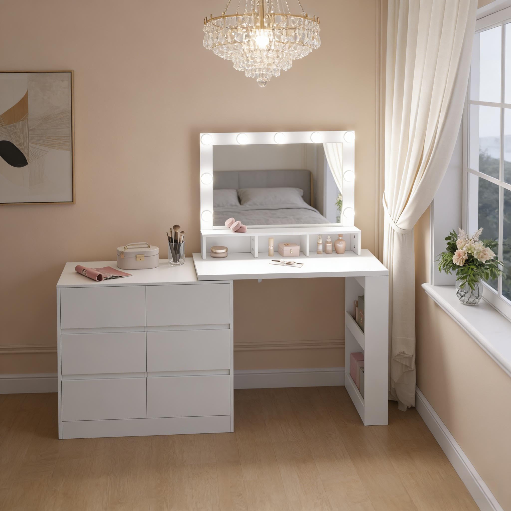Tavolo da toeletta con specchio LED, a forma di L, 6 cassetti