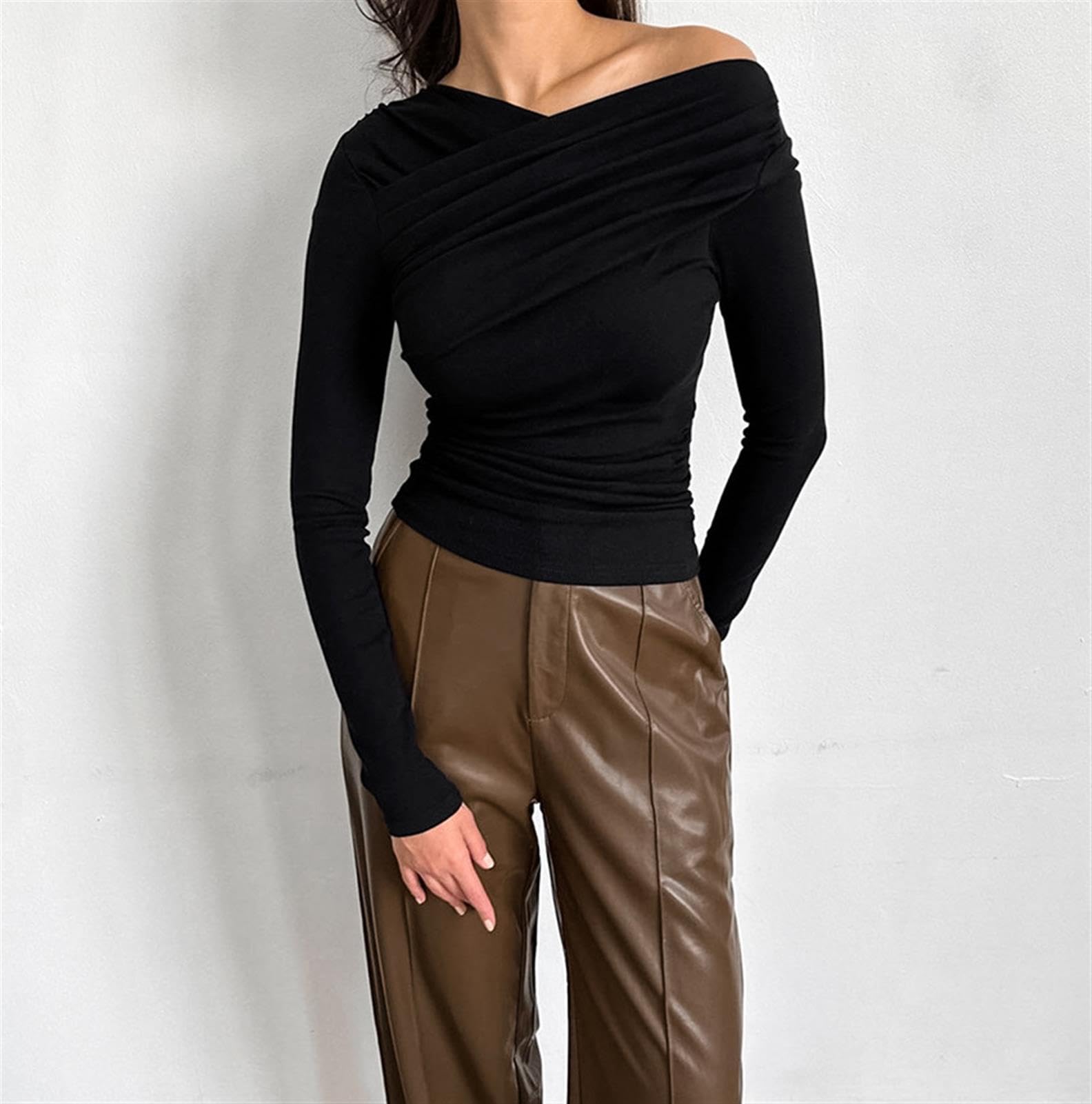 hixswnu Casual Manga Larga Barco Cuello Hombro Slim Fit Crop Top Salida Blusas Camisas apretadas de Las Mujeres
