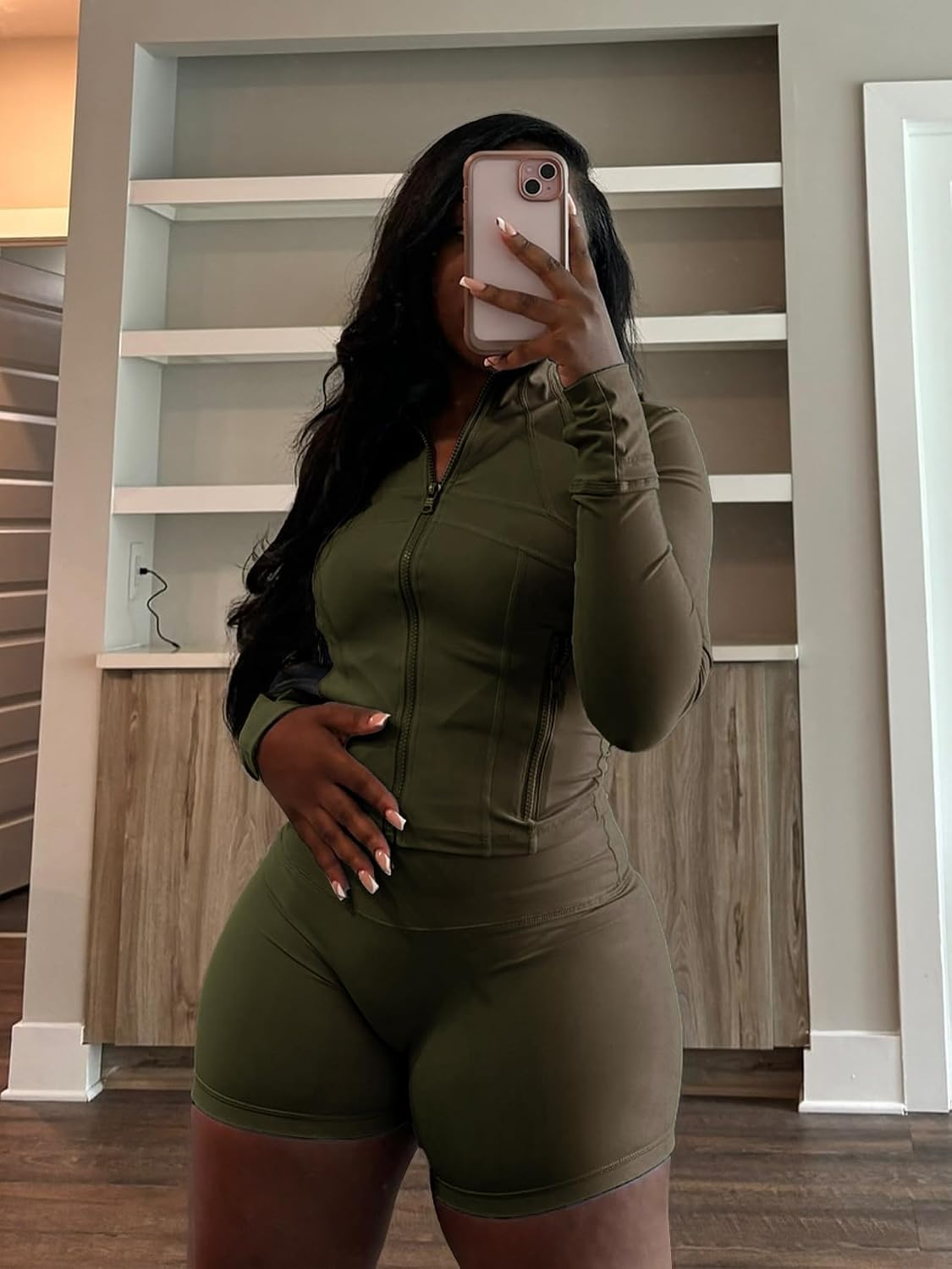 Women 2 Piece Outfits Tracksuits Sweatsuit Sets Long Sleeve Zip Up Running Jacket High Waist Shorts Set