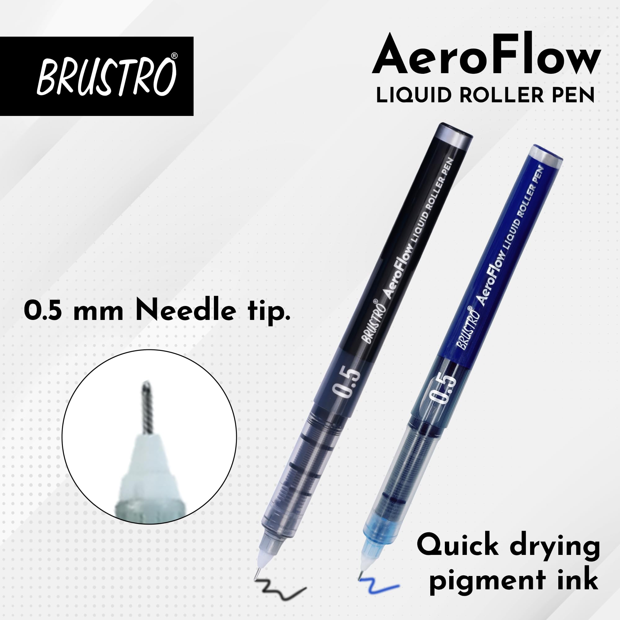 BRUSTRO AeroFlow Tintenroller mit Flüssigtinte, Blau, 0,5 mm, Mikrospitze, ideal für Studenten, Profis, Büro, Prüfung, präzises glattes Schreiben, lichtbeständig, 6 Stück