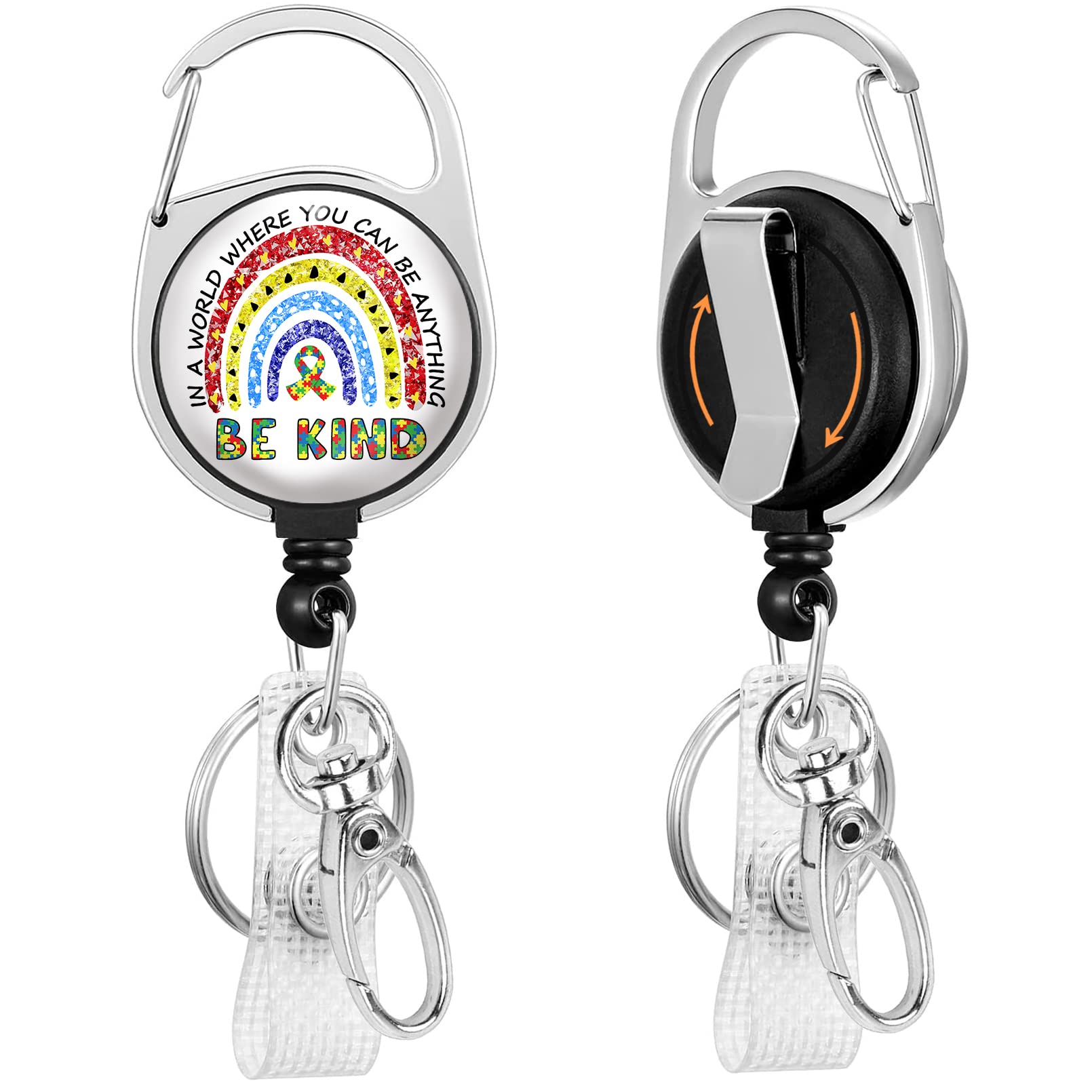 Autism Awareness Badge Reel Retractable Heavy Duty with 360°Swivel Carabiner Clip, Cute Rainbow ID Badge Holder, Nurse Teacher Gifts ID Card Holder
