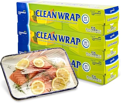 CLEANWRAP Plastic Wrap For Food 11.81in x 393.7ft - 3 Pack I Plastic Wrapping Paper For Food, BPA Free Food Wrap, Clear Wrap to Seal Baked Goods, Food Transparent Wrap I Press and Seal Wrap