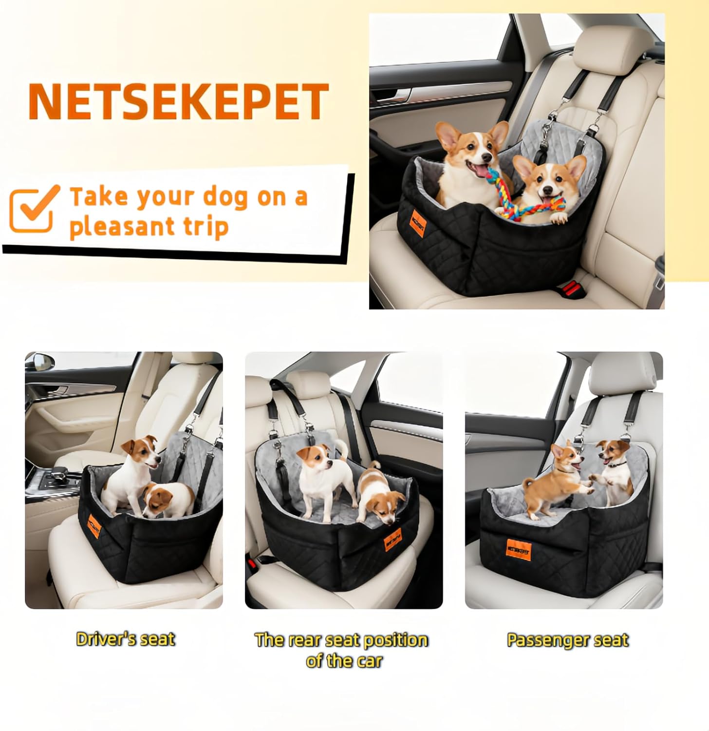 Memory Foam Dog Booster Car Seats with Thick Cushion for Medium Dogs Under 36lbs, Detachable，Washable,Storage Pockets,2 Safety Belts