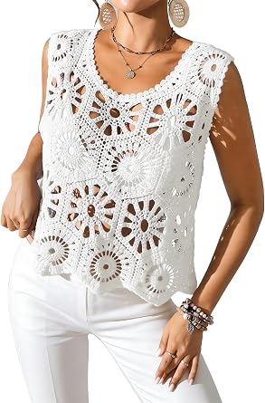 miduo Womens Boho Hollow Out Loose Knit Crochet Top Scoop Tank Tops Sleeveless Cami Shirts Beachwear Tops Shirts