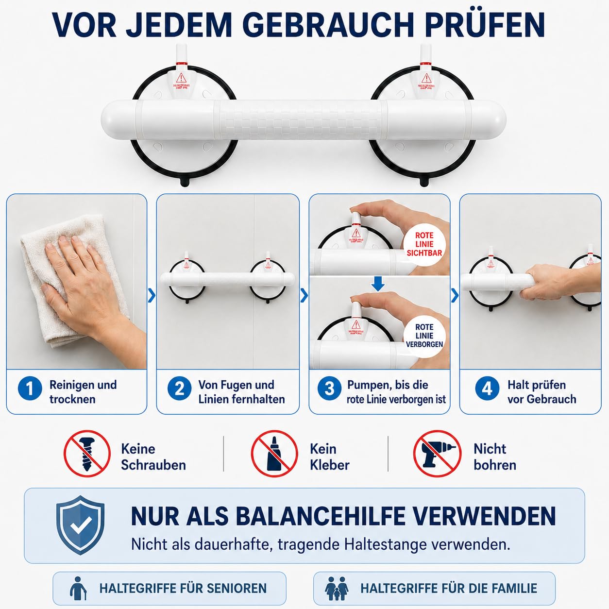 Magicbox Haltegriff mit Saugnapf für Dusche & Badewanne, 36.5 cm Duschgriff ohne Bohren mit Vakuum-Pumpe, 10 cm Saugnäpfen, rutschfestem Griff & Warnanzeige für Senioren